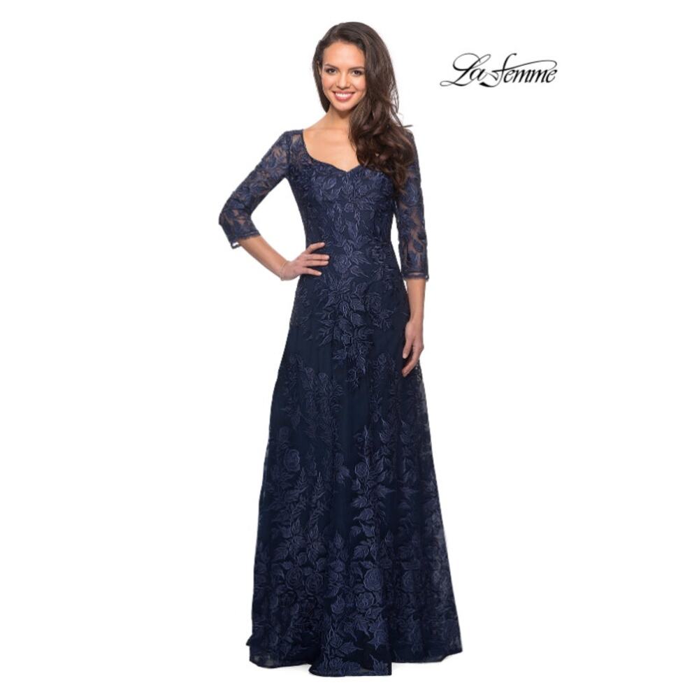 La Femme Navy Blue Lace Prom Dress